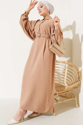 Pazarium - Balon Kol Gömlek Yaka Elbise Bisküvi