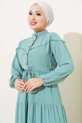 Önü Yarım Düğmeli Kat Kat Elbise Su Yeşili - Thumbnail