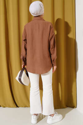 Tek Cepli Keten Gömlek Kahve - Thumbnail