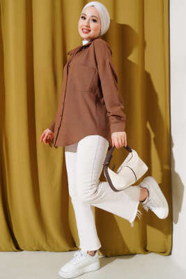 Tek Cepli Keten Gömlek Kahve - Thumbnail