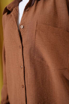 Tek Cepli Keten Gömlek Kahve - Thumbnail