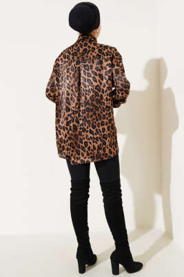 Oversize Leopar Desen Saten Gömlek Taba - Thumbnail