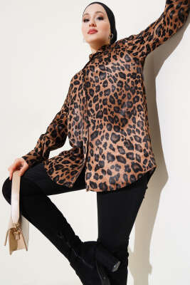 Oversize Leopar Desen Saten Gömlek Taba - Thumbnail