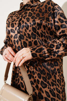 Oversize Leopar Desen Saten Gömlek Taba - Thumbnail