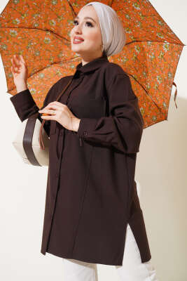 Çift Göğüs Cepli Basic Gömlek Kahve - Thumbnail