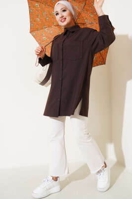 Çift Göğüs Cepli Basic Gömlek Kahve - Thumbnail