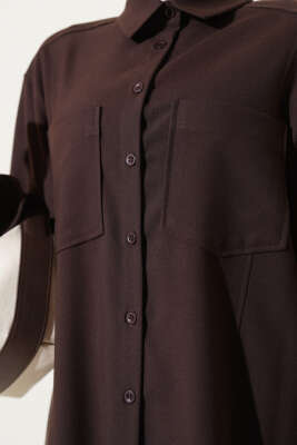 Çift Göğüs Cepli Basic Gömlek Kahve - Thumbnail