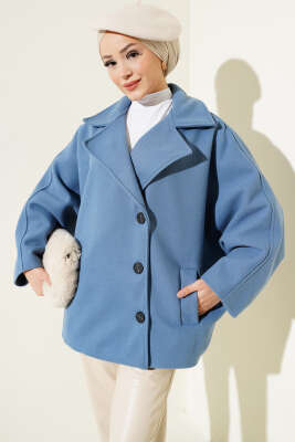 Pazarium - Yarasa Kol Kısa Kaşe Kaban İndigo