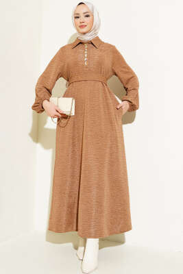 Taşlı Çıtçıt Düğmeli Kuşaklı Elbise Taba - Thumbnail