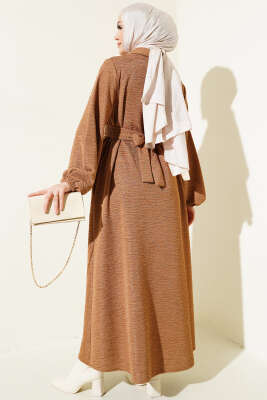 Taşlı Çıtçıt Düğmeli Kuşaklı Elbise Taba - Thumbnail