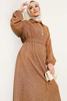 Taşlı Çıtçıt Düğmeli Kuşaklı Elbise Taba - Thumbnail