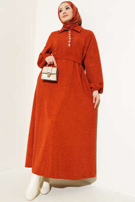 Taşlı Çıtçıt Düğmeli Kuşaklı Elbise Kiremit - Thumbnail