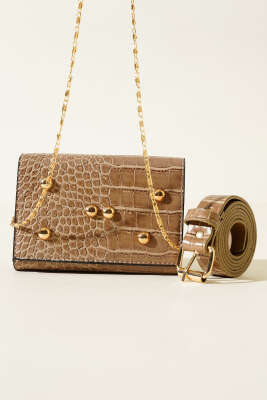 Kroko Desen Mıknatıslı Bel Çantası Vizon - Thumbnail