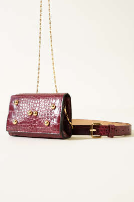 Kroko Desen Mıknatıslı Bel Çantası Vişne - Thumbnail