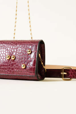 Kroko Desen Mıknatıslı Bel Çantası Vişne - Thumbnail