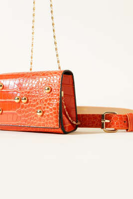 Kroko Desen Mıknatıslı Bel Çantası Oranj - Thumbnail