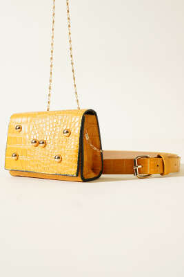 Pazarium - Kroko Desen Mıknatıslı Bel Çantası Hardal