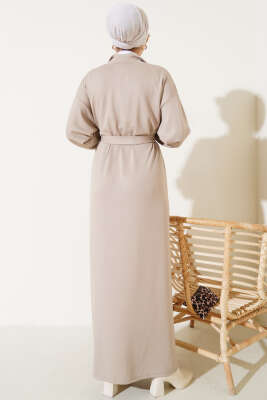 Loyşa Yarım Çıtçıtlı Kuşaklı Elbise Taş - Thumbnail