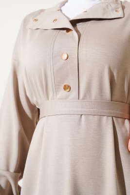 Loyşa Yarım Çıtçıtlı Kuşaklı Elbise Taş - Thumbnail