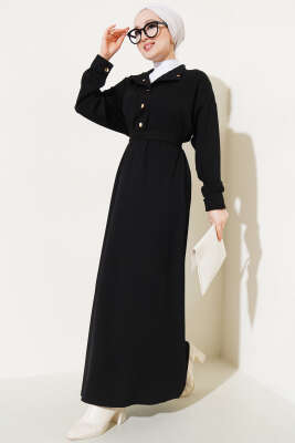 Loyşa Yarım Çıtçıtlı Kuşaklı Elbise Siyah - Thumbnail