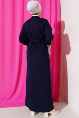 Loyşa Yarım Çıtçıtlı Kuşaklı Elbise Lacivert - Thumbnail