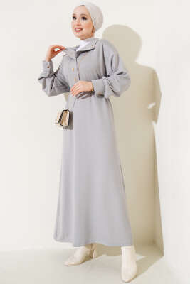 Loyşa Yarım Çıtçıtlı Kuşaklı Elbise Gri - Thumbnail