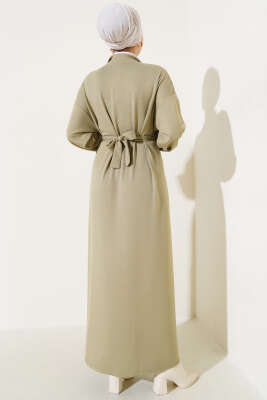 Loyşa Yarım Çıtçıtlı Kuşaklı Elbise Çağla Yeşili - Thumbnail