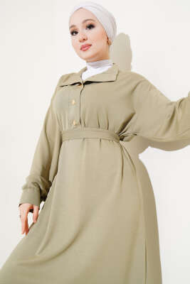 Loyşa Yarım Çıtçıtlı Kuşaklı Elbise Çağla Yeşili - Thumbnail