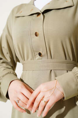 Loyşa Yarım Çıtçıtlı Kuşaklı Elbise Çağla Yeşili - Thumbnail