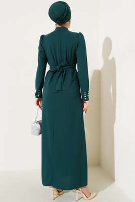 Taşlı Kemer Tokalı Elbise Zümrüt - Thumbnail