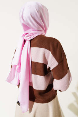 Kalın Çizgili Triko Crop Kazak Kahve - Thumbnail