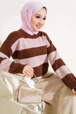 Kalın Çizgili Triko Crop Kazak Kahve - Thumbnail