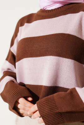 Kalın Çizgili Triko Crop Kazak Kahve - Thumbnail