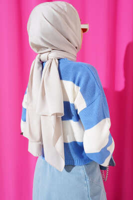 Kalın Çizgili Triko Crop Kazak İndigo - Thumbnail