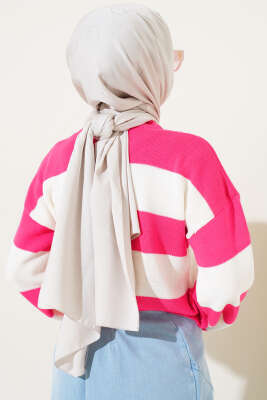 Kalın Çizgili Triko Crop Kazak Fuşya - Thumbnail