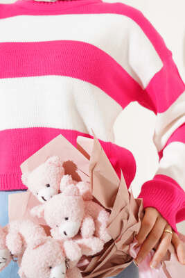 Kalın Çizgili Triko Crop Kazak Fuşya - Thumbnail