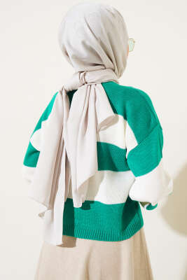 Kalın Çizgili Triko Crop Kazak Zümrüt - Thumbnail