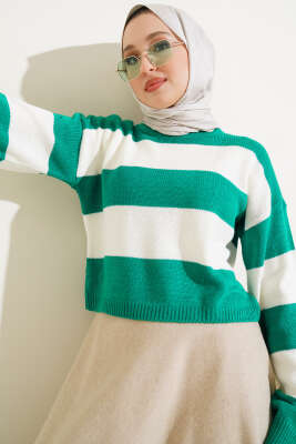 Kalın Çizgili Triko Crop Kazak Zümrüt - Thumbnail