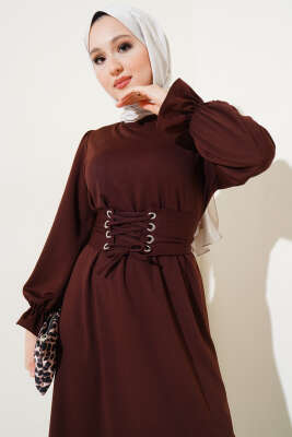Kuş Gözü Kuşaklı Elbise Kahve - Thumbnail
