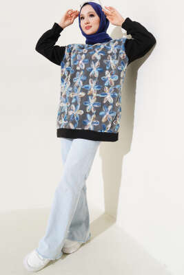 Tül Çiçekli İki İplik Tunik Siyah - Thumbnail