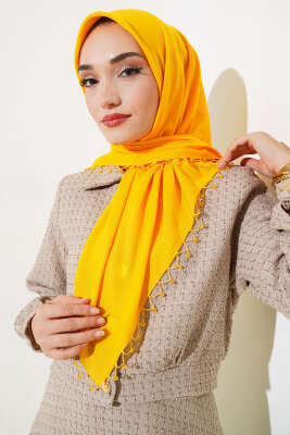 Pazarium - Yıldız Boncuklu Yazma Eşarp Hardal