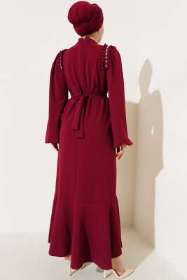 Omuz Pileli Taşlı Elbise Bordo - Thumbnail