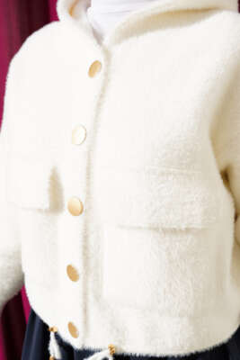 Kapüşonlu Çıtçıtlı Kısa Triko Hırka Beyaz - Thumbnail