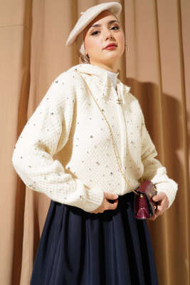 İncili Kapüşonlu Kısa Triko Hırka Kemik - Thumbnail