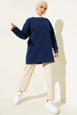 Önü Çımalı Üç İplik Tunik Lacivert - Thumbnail