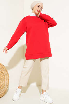 Önü Çımalı Üç İplik Tunik Kırmızı - Thumbnail