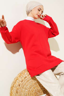 Önü Çımalı Üç İplik Tunik Kırmızı - Thumbnail