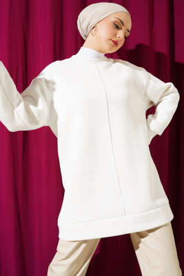 Önü Çımalı Üç İplik Tunik Beyaz - Thumbnail