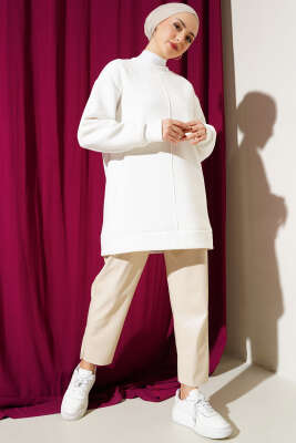 Önü Çımalı Üç İplik Tunik Beyaz - Thumbnail