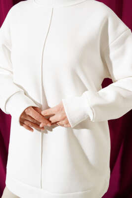 Önü Çımalı Üç İplik Tunik Beyaz - Thumbnail